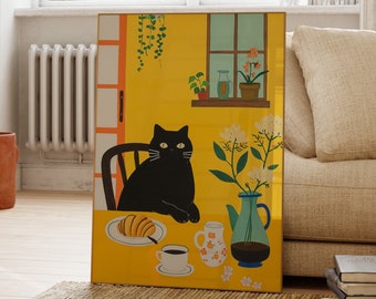 Black Cat Eating Breakfast Print, Coffee, Croissant, Flowers, Yellow Poster, Gift For Animal Lovers, Fun, Bar Decor, Bedroom