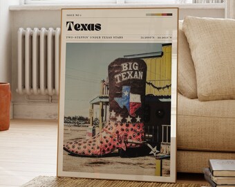 Texas Cowboy Boot Print, Vintage, Travel Poster, Desert, Landscape Art, Gift For Friend, Bedroom, Kitchen, Living Room, Fun Bar Art
