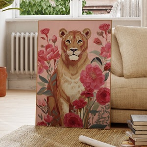 Impression lionne et fleurs roses, illustration d'art mural lionne, affiche d'animaux, moderne amusant, nature, mur de galerie, décoration de chambre d'enfants