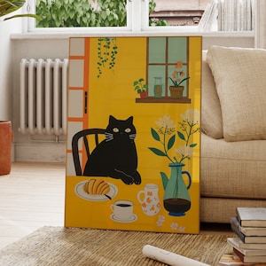 Black Cat Eating Breakfast Print, Coffee, Croissant, Flowers, Yellow Poster, Gift For Animal Lovers, Fun, Bar Decor, Bedroom