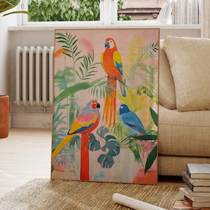 Impresión colorida de loro, póster de animales, arte de aves, botánica, naturaleza, vida silvestre, galería, arte de pared colorido, regalo para ella, decoración para niñas