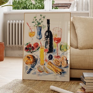 Kitchen Food Poster, Dinner Table Art, Wine Print, Kitchen Wall Art, Vintage, Cafe Art, Gift For Chef, Food Illustration