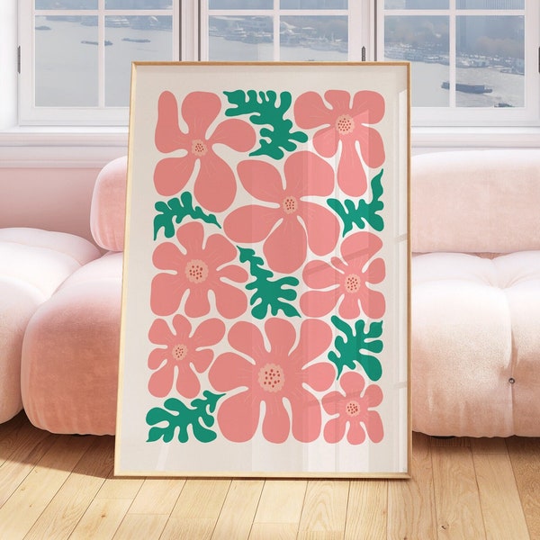 Pink And Green Abstract Flower Print, Floral Wall Art, Girls Room Decor, Hippie, Botanical, Plant, Gift For Her, Gallery Wall, Modern