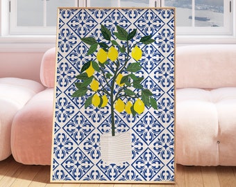 Yellow Lemon Tree Print, Moroccan Blue Tile Wall Art, Lemon Art, Citrus, Kitchen, Living Room, Bedroom, Plant Prints