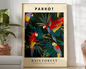 Parrot Rain Forest Print, Animal Wall Art, Jungle Print, Monstera Plant, Living Room, Colourful Poster, Gallery Wall