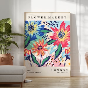 Colourful Flower Market London Print, Flower Prints, Plant Wall Art, Abstract, Modern, Boho, Living Room, Bedroom, KItchen