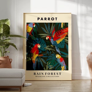 Parrot Rain Forest Print, Animal Wall Art, Jungle Print, Monstera Plant, Living Room, Colourful Poster, Gallery Wall