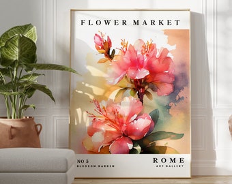 Colourful Flower Market Rome Print, Pink Flower Prints, Plant Wall Art, Watercolour, Modern, Boho, Living Room, Bedroom