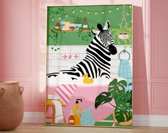 Zebra In Bath Print, Bathroom Wall Decor, Boho,  Plant Poster, Animal Wall Art, Colourful, A5/A4/A3/A2/A1/5x7/4x6