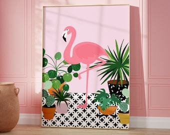 Pink Flamingo And Colourful Plants Print, Boho Home Decor, Animal Wall Art, Flower Prints, Living Room, A5/A4/A3/A2/A1/5x7/4x6