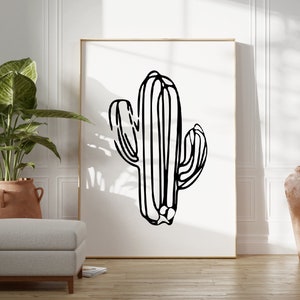 Black and White Cactus Line Drawing Wall Art | Boho | Plant Print