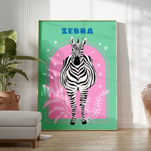 Zebra Print, Pink & Green Animal Wall Art, Bedroom, Kids Room, Bright Posters, Safari, A5/A4/A3/A2/A1/5x7/4x6, Bold, Fun