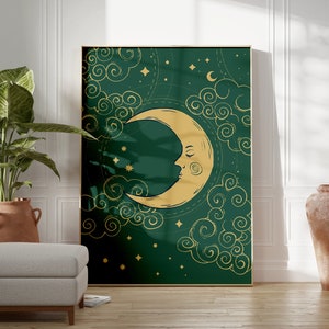 Green And Gold Moon and Stars Celestial Art Print, Boho, Gallery Wall, Living Room/ Bedroom/Kitchen, A5/A4/A3/A2/A1