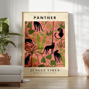 Estampado de animales de la jungla de la pantera rosa, arte de pared de pantera, póster bohemio, dormitorio, habitación de niños, sala de estar, pared de galería, vida silvestre