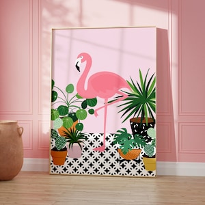 Pink Flamingo And Colourful Plants Print, Boho Home Decor, Animal Wall Art, Flower Prints, Living Room, A5/A4/A3/A2/A1/5x7/4x6