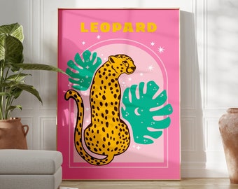 Pink Leopard & Green Animal Wall Art, Kids Room, Bedroom, Bright Posters, Safari, A5/A4/A3/A2/A1/5x7/4x6, Fun