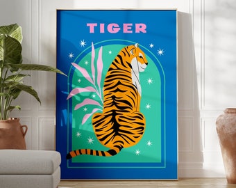 Tiger Print, Blue & Green Animal Wall Art, Kids Room, Bedroom, Bright Posters, Safari, A5/A4/A3/A2/A1/5x7/4x6, Bold, Fun