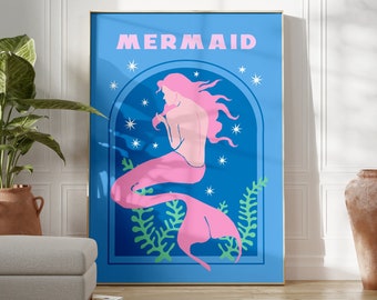 Blue And Pink Mermaid Print, Magical Boho Wall Art, Bedroom, Kids Room, Bright Posters, A5/A4/A3/A2/A1/5x7/4x6, Fun Art