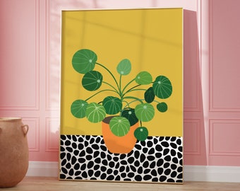 Large Plant on Polka Dot Floor | Boho Home Decor, Yellow Wall Art, Flower Prints | Living Room Wall Art | A5/A4/A3/A2/A1/5x7/4x6