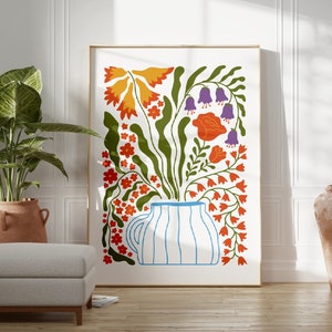 Colourful Flowers and Vase Botanical Print, Plant Art, Scandinavian Design, Gallery Wall Art, Living Room/Bedroom