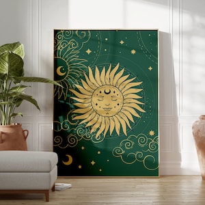 Green Sun And Stars Bohemian Print, Celestial Art, Gallery Wall, Boho, Living Room/ Bedroom/Kitchen, A5/A4/A3/A2/A1 image 2