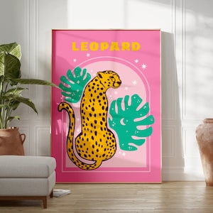 Pink Leopard & Green Animal Wall Art, Kids Room, Bedroom, Bright Posters, Safari, A5/A4/A3/A2/A1/5x7/4x6, Fun