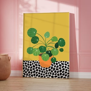 Large Plant on Polka Dot Floor | Boho Home Decor, Yellow Wall Art, Flower Prints | Living Room Wall Art | A5/A4/A3/A2/A1/5x7/4x6