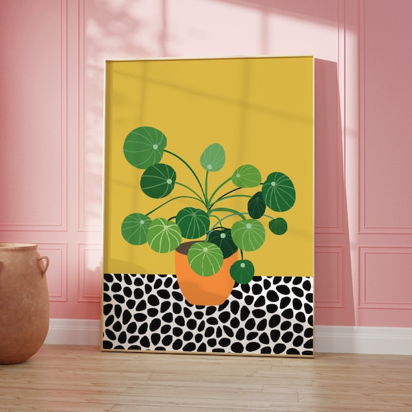 Large Plant on Polka Dot Floor | Boho Home Decor, Yellow Wall Art, Flower Prints | Living Room Wall Art | A5/A4/A3/A2/A1/5x7/4x6