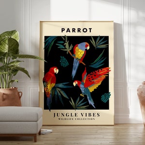 Parrot Jungle Print, Animal Wall Art, Jungle Print, Large Plant Leaf, Living Room, Colourful Poster, Gallery Wall