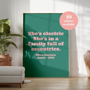 Plakat muzyczny Oasis, „She's Electric”, wydruk z tekstem piosenki, grafika ścienna do galerii, salon, wystrój w stylu retro indie, prezent dla przyjaciela