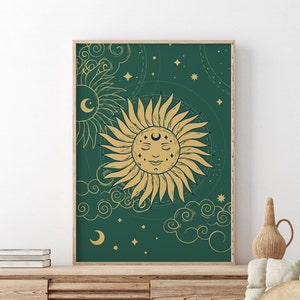 Green Sun And Stars Bohemian Print, Celestial Art, Gallery Wall, Boho, Living Room/ Bedroom/Kitchen, A5/A4/A3/A2/A1 image 7