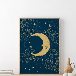 Blue moon and stars celestial wall art print, moon phase print, gallery wall prints, Living Room/ Bedroom/Kitchen Art A5/A4/A3/A2/A1 image 6