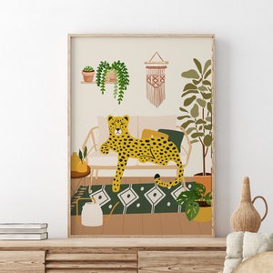 Leopard Relaxing On Sofa, Plant Wall Art, Living Room Print, Animal Print, A5/A4/A3/A2/A1/5x7/4x6, Home Decor, Gallery Wall