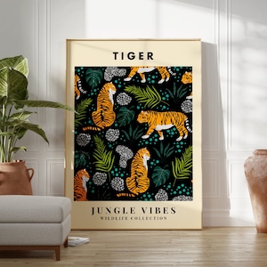 Impression animalière Tiger Jungle Vibes, oeuvre d&#39;art murale tigre, affiche bohème, chambre à coucher, chambre d&#39;enfant, salon, mur de galerie, faune