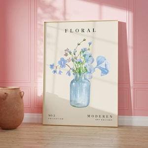 Impresión de jarrón de flores, póster de acuarela boho, arte de pared de plantas, decoración vintage, pared de galería, sala de estar, dormitorio