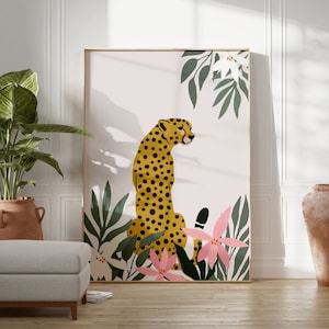 Leopard and Flowers Jungle Print | Boho Home Decor, Animal Wall Art, Flower Prints | Living Room/Kitchen Wall Art | A5/A4/A3/A2/A1/5x7/4x6