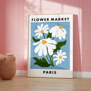 Flower Market Paris Print, Blue Floral Wall Art, Daisy Plant Poster, Boho Home Decor, Flower Prints, Living Room