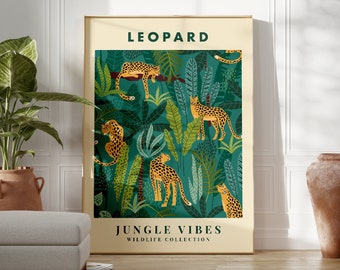Leopard And Jungle Plant Print, Animal Wall Art, Flower Prints, Living Room Wall Art, Colourful A5/A4/A3/A2/A1/5x7/4x6