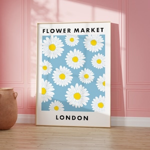 Flower Market London Print, Blue Floral Wall Art, Daisy Plant Poster, Boho Home Decor, Flower Prints, Living Room