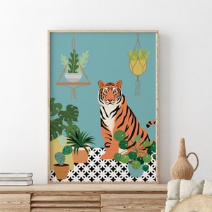 Tiger and Plants Print | Boho Home Decor, Animal Wall Art, Flower Prints | Living Room Wall Art | A5/A4/A3/A2/A1/5x7/4x6