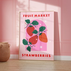 Arte mural de mercado de frutas con fresas rosas, impresión de frutas, arte gastronómico, comedor, cocina, decoración del hogar, tamaño A5/A4/A3/A2/A1/5 x 7/4 x 6