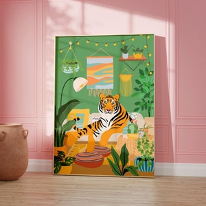 Tiger In Living Room Print, Boho Wall Decor, Jungle Style, Plant Poster, Animal Wall Art, Colourful, A5/A4/A3/A2/A1/5x7/4x6