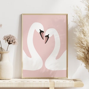 Two Swans In Love Pink Bird Print | Boho Home Decor, Animal Wall Art | Living Room/Kitchen Wall Art | A5/A4/A3/A2/A1/5x7/4x6