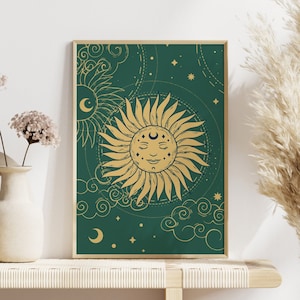 Green Sun And Stars Bohemian Print, Celestial Art, Gallery Wall, Boho, Living Room/ Bedroom/Kitchen, A5/A4/A3/A2/A1 image 6