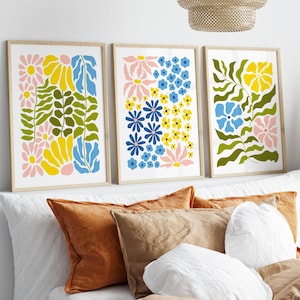 Set Of 3 Colourful Flower Prints, Botanical Art, Floral, Scandinavian Design, Gallery Wall, Living Room/Bedroom/Kitchen