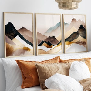 Set Of 3 Mountain Landscape Gold and Black Watercolour Prints, Boho, Modern Gallery Wall Art, Living Room/Bedroom/Kitchen