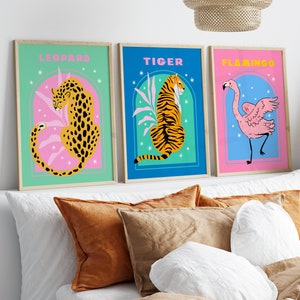 Set von 3 bunten Tierdrucken, Leopard, Tiger, Flamingo, Wandkunst, Kinderzimmer, Mädchenzimmer, Safari, Dschungel Kunst, Schlafzimmer