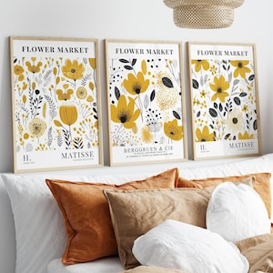 Yellow Scandinavian Flower Market Print Set of 3, Henri Matisse, Gallery Wall, Vivid Botanical Patterns, Botanical, Matisse Poster