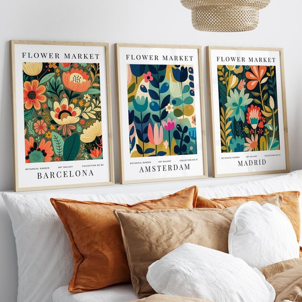 Set Of 3 Flower Market Prints, Floral Wall Art, Colourful, Modern, Boho, Gallery Wall Art, Living Room/Bedroom/Dinning Room