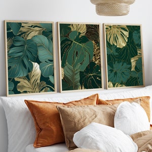 Monstera Set Of 3 Green And Gold Jungle Prints, Botanical Art, Tropical, Gallery Wall Art, Living Room/Bedroom/Kitchen